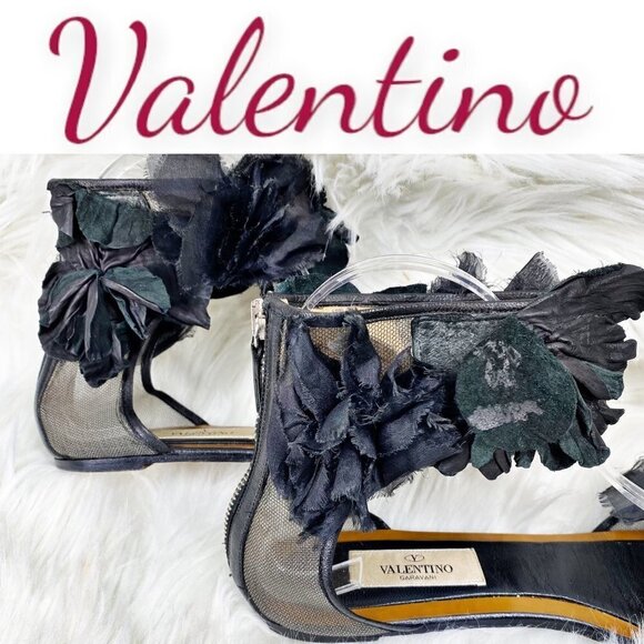 VALENTINO Leather Mesh & Chiffon Embellished Flat Sandals, Size 38 - Picture 3 of 10